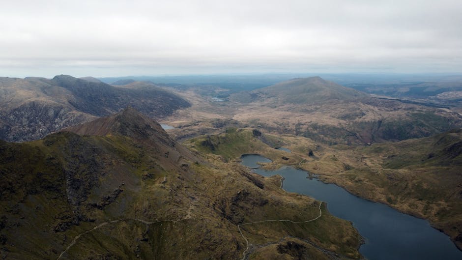 Stunning aerial landscape of Snowdonia National Park with mountains and lakes, capturing nature's beauty