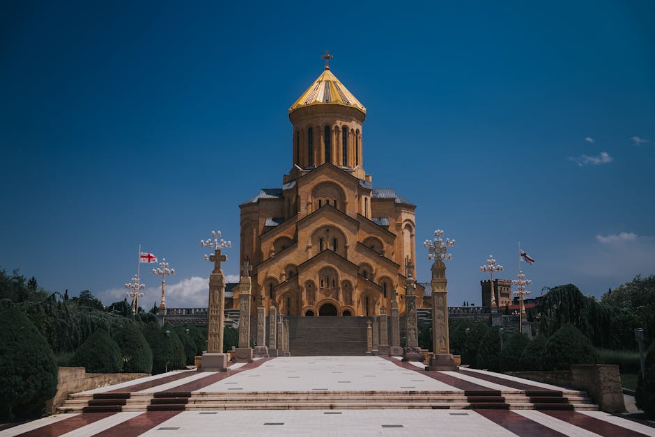 View of the Holy Trinity Cathedral with bright skies in Tbilisi, Georgia